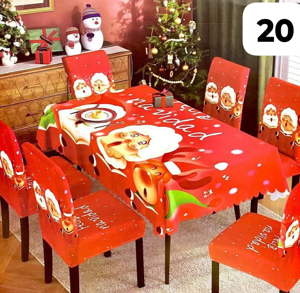 Mantel Navideño con estampados  festivos y 6 forros de sillas a juego