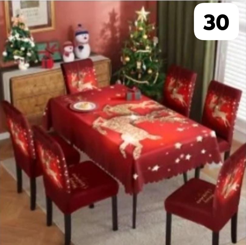 Mantel Navideño con estampados  festivos y 6 forros de sillas a juego