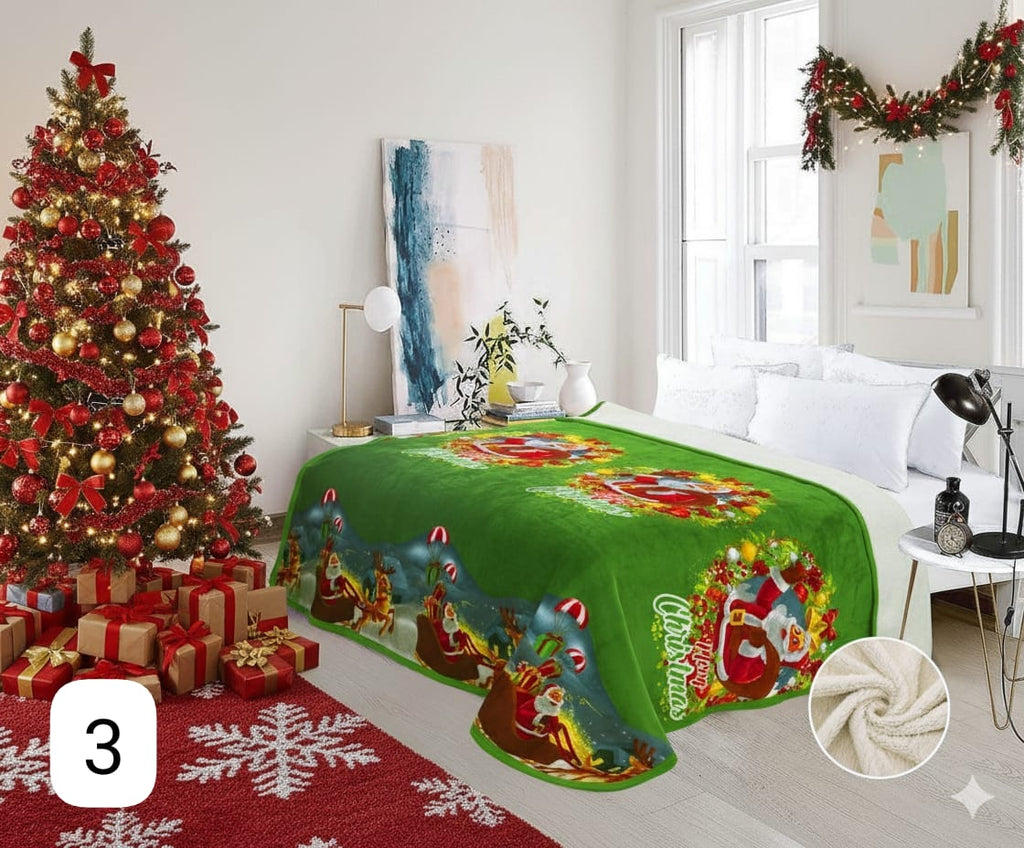 Cobija Ovejera Navideña fondo verde con diseño festivo de Papá Noel