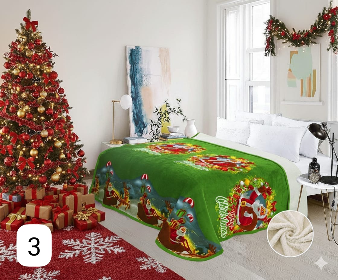 Cobija Ovejera Navideña fondo verde con diseño festivo de Papá Noel