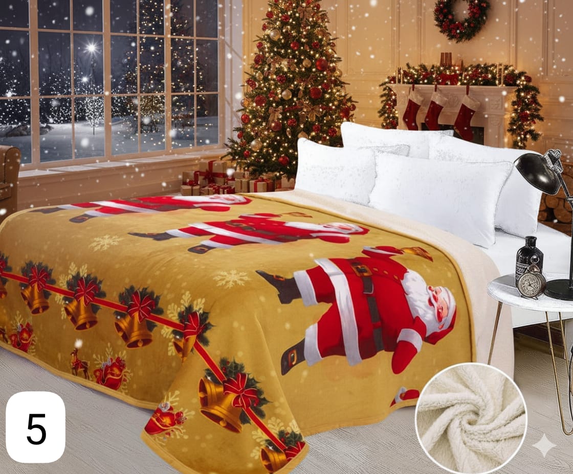 Cobija Ovejera Navideña fondo amarillo con diseño festivo de Papá Noel