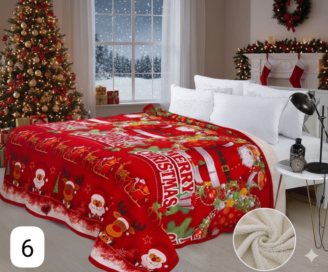 Cobija Ovejera Navideña fondo rojo con diseño festivo de Papá Noel