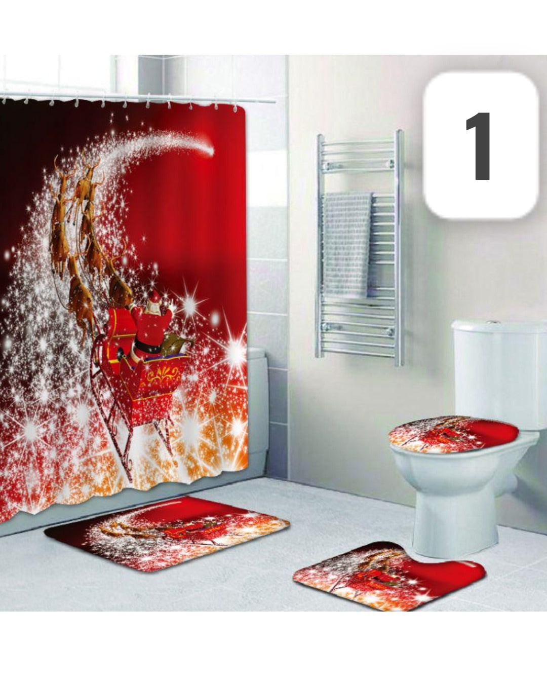 Juego de Baño Navideño de 4 piezas con 2 tapetes piso, 1 para tapa de inodoro  y 1 cortina todo con estampado de navidad