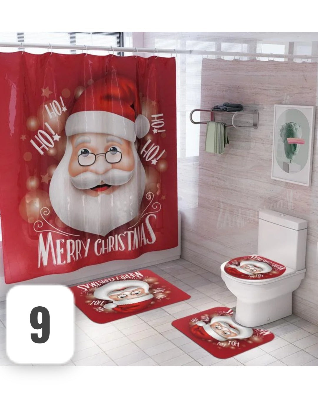 Juego de Baño Navideño de 4 piezas con 2 tapetes piso, 1 para tapa de inodoro  y 1 cortina todo con estampado de navidad