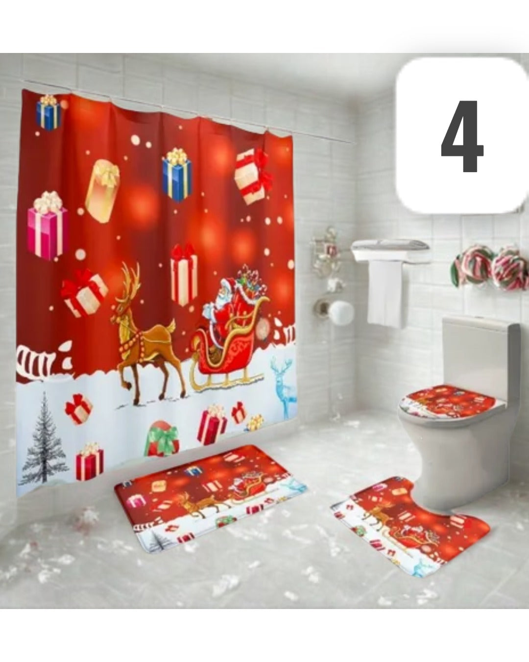 Juego de Baño Navideño de 4 piezas con 2 tapetes piso, 1 para tapa de inodoro  y 1 cortina todo con estampado de navidad