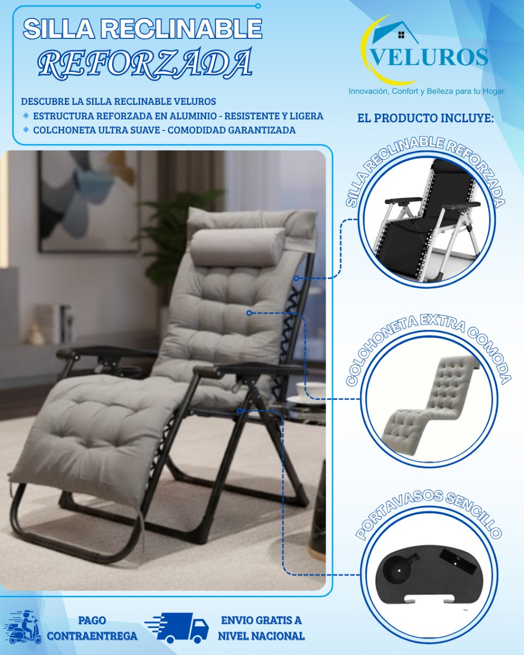 Silla Reclinable Reforzada+Colchoneta y Portavaso