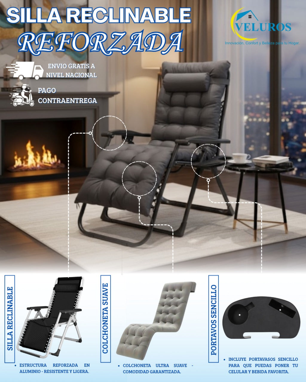 Silla Reclinable Reforzada+Colchoneta y Portavaso