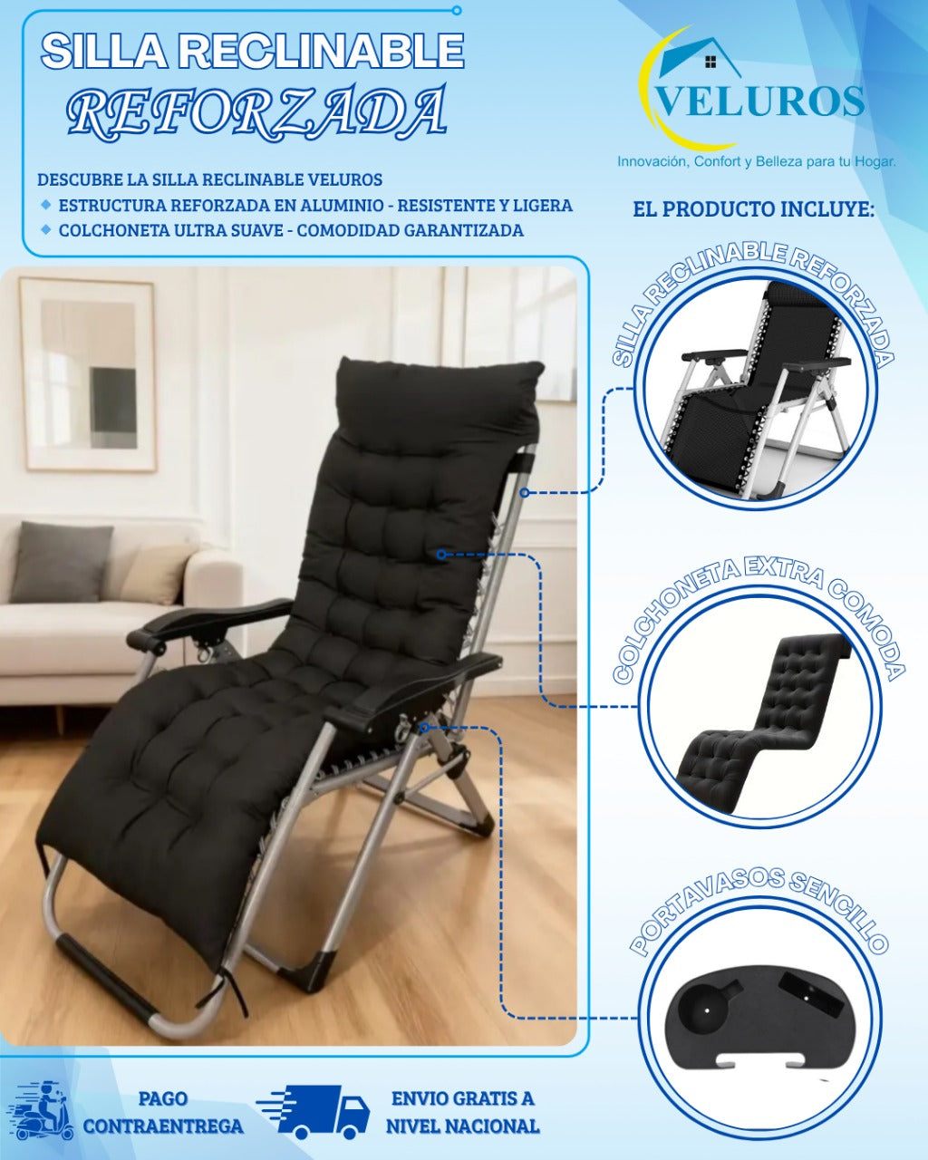 Silla Reclinable Reforzada+Colchoneta y Portavaso