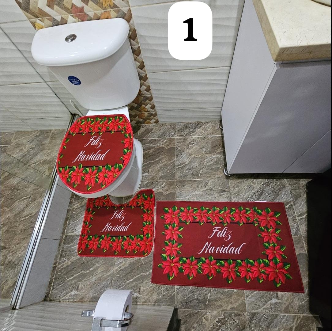 Set de Baño Navideño con tapete, tapa de inodoro y pie de baño en colores festivos